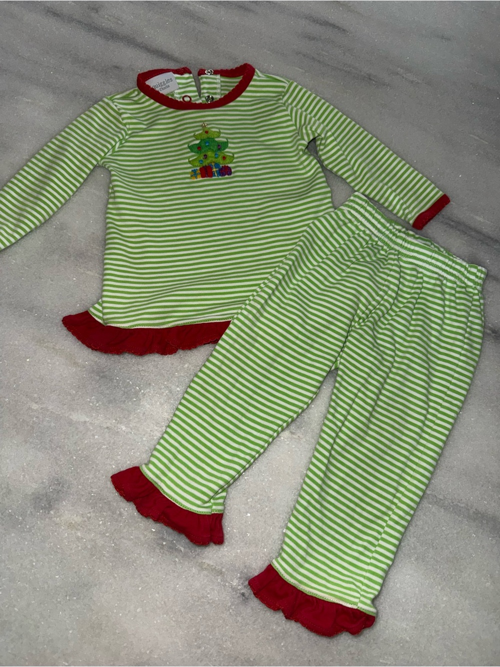 Squiggles by Charlie Green Stripe Christmas Tree Set with Red Trim Cotton 6-9m